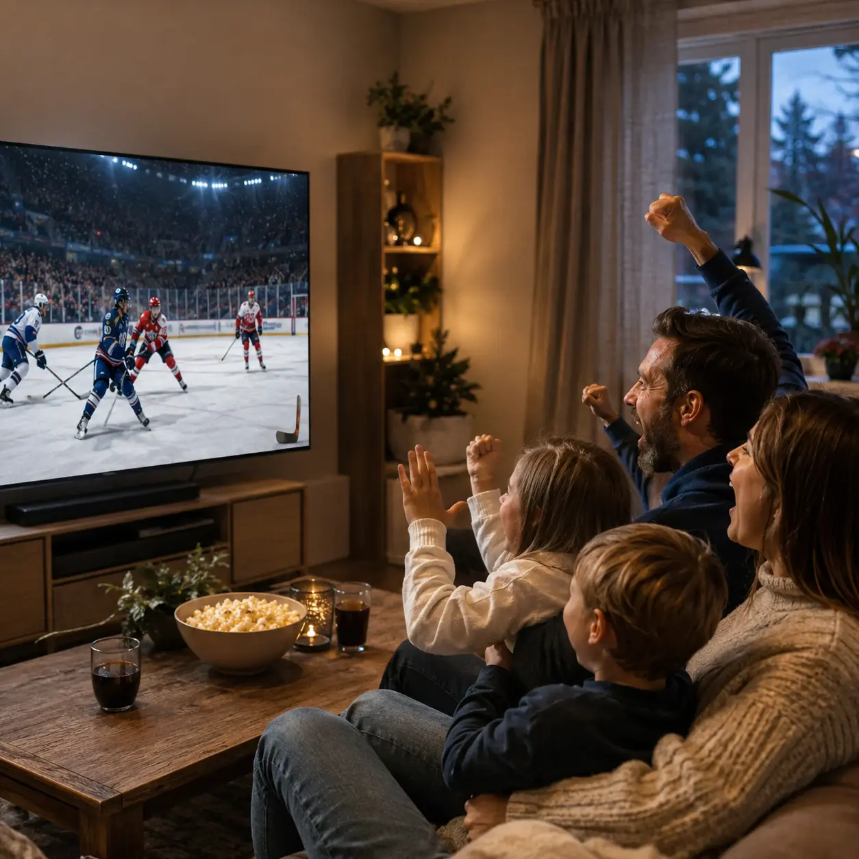 Suomalainen perhe katsoo IPTV urheilu -jääkiekkoa Smart TV:ltä