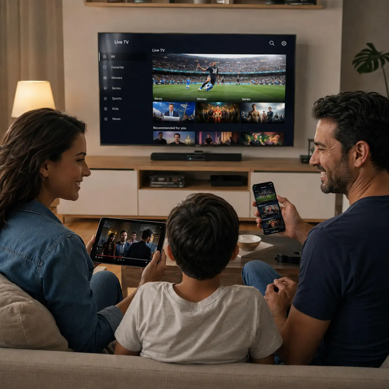 Perhe käyttää IPTV-boksia, Smart TV:tä, tablettia ja puhelinta samassa kotiverkossa