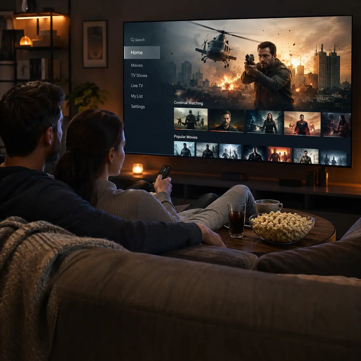 Pariskunta tarkistaa IPTV EPG -ohjelmatietoja television sovelluksesta