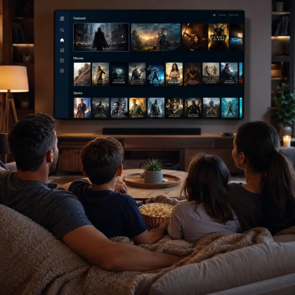 Perhe käyttää IPTV-sovellusta Smart TV:llä ja vertailee toiston toimivuutta